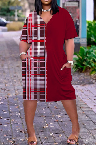 Red Casual Print Patchwork V Neck Straight Dresses
