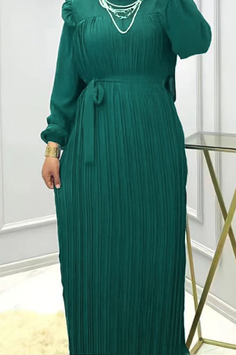 Ink Green Casual Solid Patchwork Fold O Neck Straight Dresses