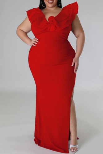 Red Sexy Solid Patchwork Slit V Neck Long Dress Plus Size Dresses
