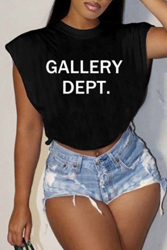 Black Casual Street Print Letter O Neck T-Shirts