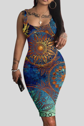 Blue Street Print Patchwork U Neck Pencil Skirt Dresses