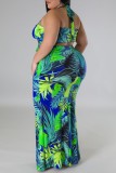 Blue Sexy Print Bandage Backless Halter Plus Size Two Pieces
