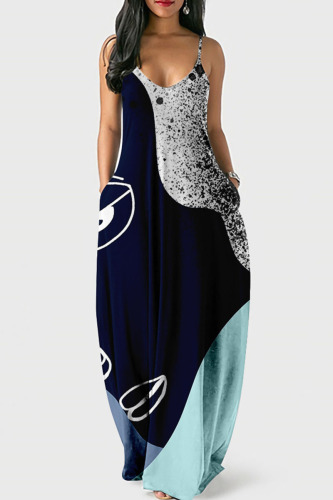 Tibetan Blue Street Print Patchwork Spaghetti Strap Lantern Dress Dresses
