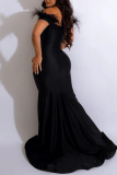 Black Sexy Formal Solid Patchwork Feathers Slit V Neck Evening Dress Dresses