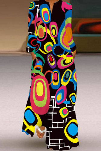 Black Vintage Elegant Rainbow Multicolor V Neck Long Sleeve Straight Maxi Dresses