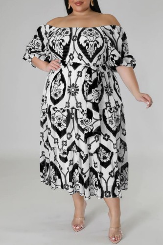 Black Casual Print Backless Off the Shoulder Short Sleeve Dress Plus Size Dresses