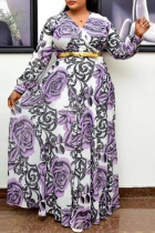 Purple Casual Print Basic V Neck Long Sleeve Plus Size Dresses (Without Belt)