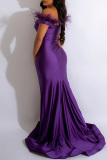 Purple Sexy Formal Solid Patchwork Feathers Slit V Neck Evening Dress Dresses