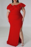 Red Sexy Solid Patchwork Slit V Neck Long Dress Plus Size Dresses