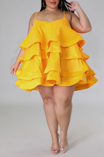 Yellow Sexy Casual Solid Patchwork Backless Spaghetti Strap Sling Dress Plus Size Dresses