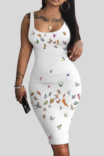 White Street Print Patchwork U Neck Pencil Skirt Dresses