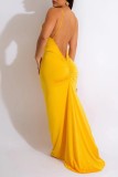 Yellow Sexy Solid Backless V Neck Sling Dress Dresses