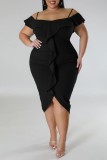 Black Sexy Solid Patchwork Backless Off the Shoulder Short Sleeve Dress Plus Size Dresses