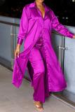 Purple Casual Patchwork Buckle Slit Turndown Collar Long Sleeve Two Pieces
