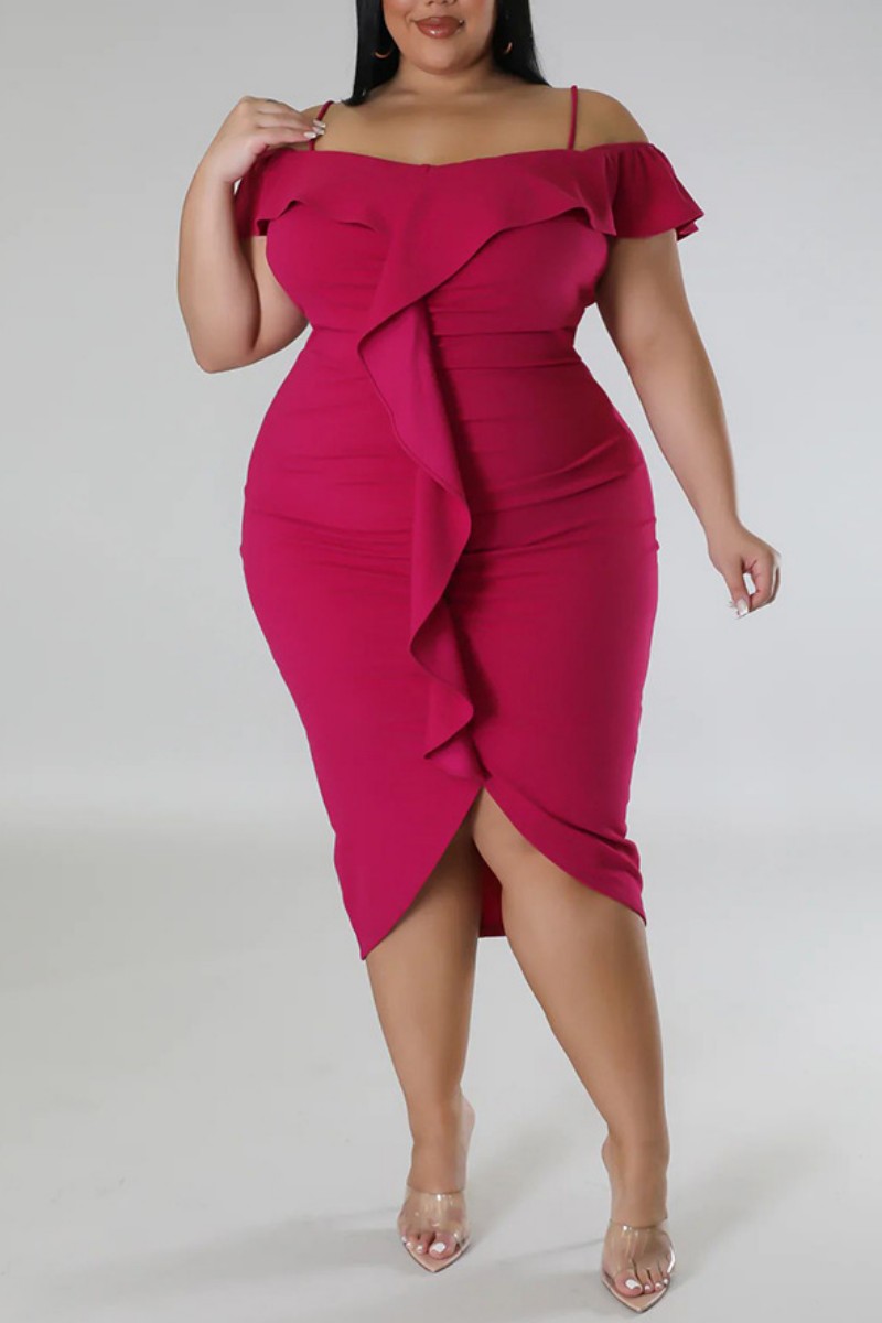 Wholesale Rose Purple Sexy Solid Patchwork Backless Off The Shoulder Short Sleeve Dress Plus 8275