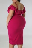 Rose Purple Sexy Solid Patchwork Backless Off the Shoulder Short Sleeve Dress Plus Size Dresses