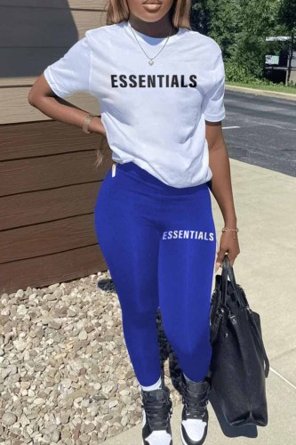 Blue Casual Print Letter O Neck Short Sleeve Two Pieces