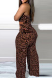 Tawny Sexy Street Print Patchwork Strapless Straight Jumpsuits