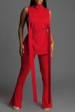 Red Casual Solid Bandage Turtleneck Sleeveless Two Pieces