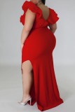 Red Sexy Solid Patchwork Slit V Neck Long Dress Plus Size Dresses