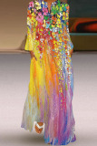 Colour Vintage Elegant Rainbow Multicolor V Neck Long Sleeve Straight Maxi Dresses
