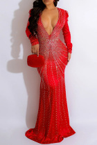 Red Sexy Patchwork Hot Drilling Hot Drill V Neck Long Sleeve Dresses