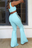 Lake Blue Sexy Solid Hollowed Out U Neck Sleeveless Two Pieces