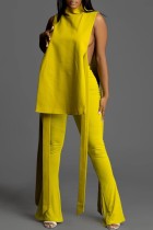 Yellow Casual Solid Bandage Turtleneck Sleeveless Two Pieces