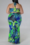 Blue Sexy Print Bandage Backless Halter Plus Size Two Pieces