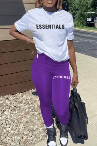 Purple Casual Print Letter O Neck Short Sleeve Two Pieces