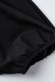 Black Casual Solid Patchwork Turndown Collar Short Sleeve Dress