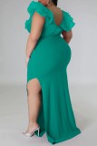 Green Sexy Solid Patchwork Slit V Neck Long Dress Plus Size Dresses