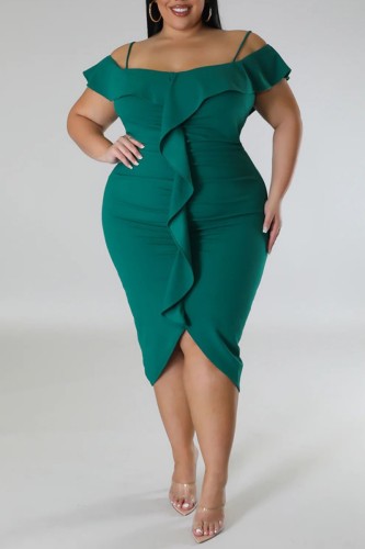 Green Formal Office Lady Sleeveess Backless Off the Shoulder Short Sleeve Ruffle Trim Plus Size Bodycon Midi Dresses