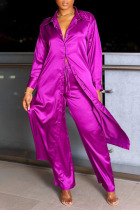 Purple Casual Patchwork Buckle Slit Turndown Collar Long Sleeve Two Pieces