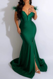 Green Sexy Formal Solid Patchwork Feathers Slit V Neck Evening Dress Dresses
