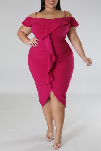 Rose Purple Formal Office Lady Sleeveess Backless Off the Shoulder Short Sleeve Ruffle Trim Plus Size Bodycon Midi Dresses