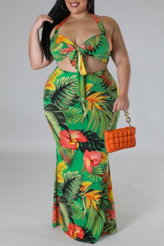 Green Sexy Print Bandage Backless Halter Plus Size Two Pieces