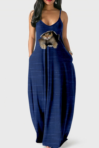 Dark Blue Street Print Patchwork Spaghetti Strap Lantern Dress Dresses