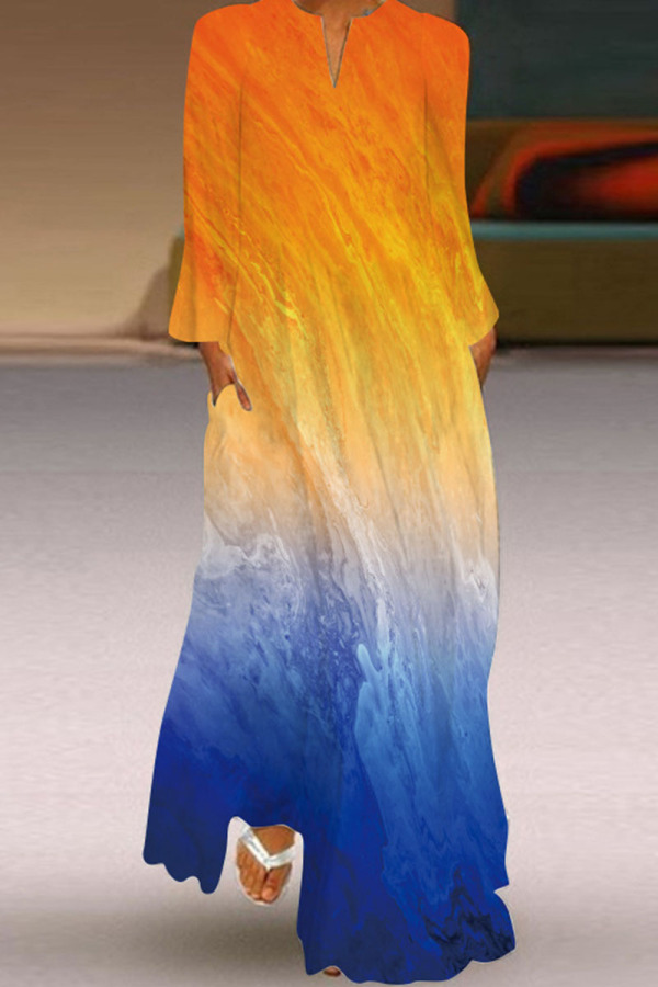 Orange Blue Vintage Elegant Rainbow Multicolor V Neck Long Sleeve Straight Maxi Dresses