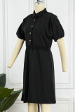 Black Casual Solid Patchwork Turndown Collar Short Sleeve Dress