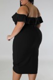 Black Sexy Solid Patchwork Backless Off the Shoulder Short Sleeve Dress Plus Size Dresses