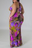 Green Sexy Print Bandage Backless Halter Plus Size Two Pieces