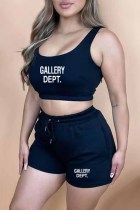 Black Casual Print Letter U Neck Sleeveless Two Pieces