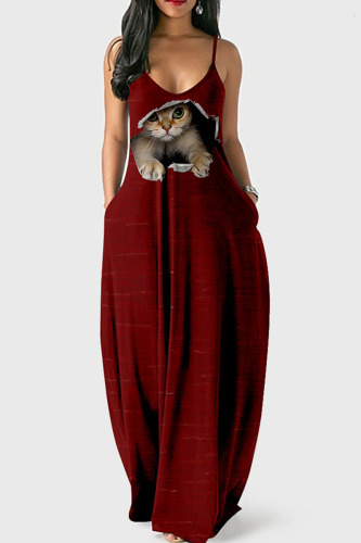 Burgundy Street Print Patchwork Spaghetti Strap Lantern Dress Dresses