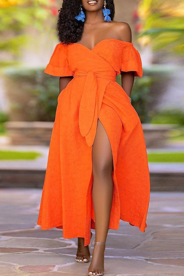 Orange Off Shoulder Lantern Sleeve Lace Up Cinch Waist Casual Vacation High Slit Maxi Dress