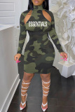 Army Green Sexy Letter Camouflage Print Hollowed Out Turtleneck Long Sleeve Dresses