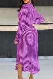 Purple Casual Striped Print Patchwork Turndown Collar Shirt Dress Dresses
