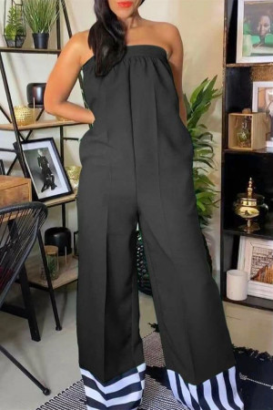 Black Sexy Striped Patchwork Solid Patchwork Strapless Straight Jumpsuits