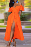 Orange Off Shoulder Lantern Sleeve Lace Up Cinch Waist Casual Vacation High Slit Maxi Dress