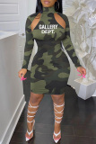 Army Green Sexy Casual Letter Camouflage Print Hollowed Out Turtleneck Long Sleeve Dresses